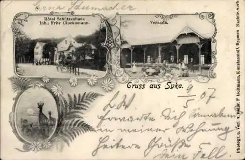 Ak Syke in Niedersachsen, Hotel Schützenhaus, Inhaber Glockemann, Veranda, Reh
