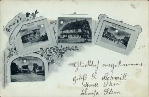 Mondschein Ak Mertzwiller Merzweiler Elsass Bas Rhin, Bahnhof, Schmelzergasse, Bauernhaus