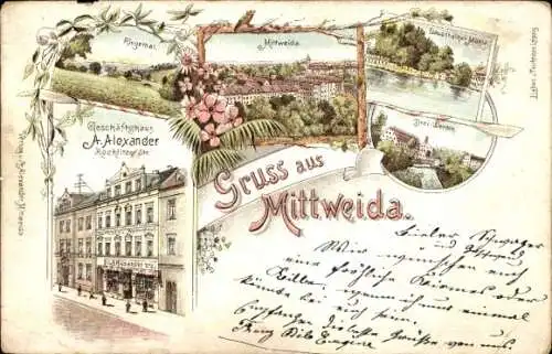 Litho Mittweida Sachsen, Ringethal, Lauenhainer Mühle, Drei Werden, Geschäftshaus, Rochlitzer Straße