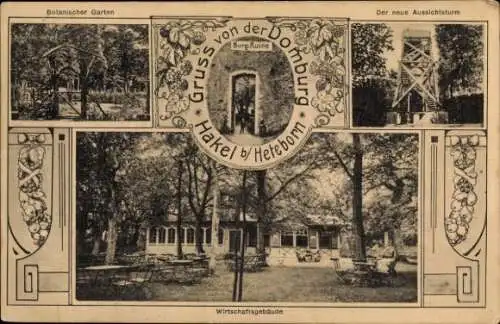 Ak Heteborn Selke Aue im Harz, Domburg im Hakel, Wirtschaftsgebäude, Burgruine, Aussichtsturm