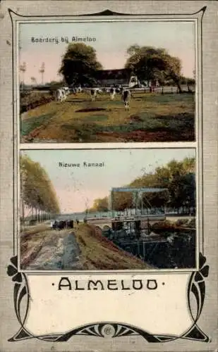 Passepartout Ak Almelo Overijssel Niederlande, Bauerhof, Kühe, Kanal, Brücke