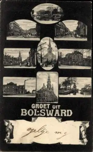 Passepartout Ak Bolsward Friesland Niederlande, Detailansichten, Kirche, Rathaus