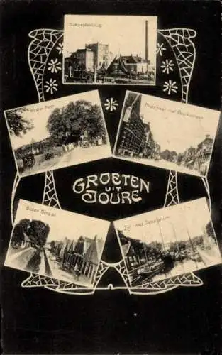 Passepartout Ak Joure Friesland Niederlande, Straße, Kirche, Brücke, Post
