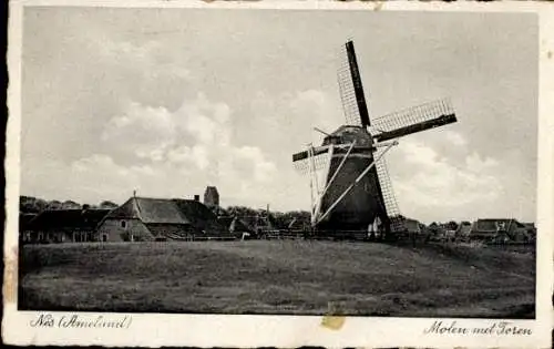 Ak Nes Ameland Fryslân Niederlande, Mühle mit Turm