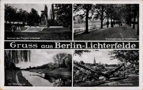 Ak Berlin Steglitz Lichterfelde, Denkmal Lilienthal, Teltowkanal, Promenadenweg, Pauluskirche