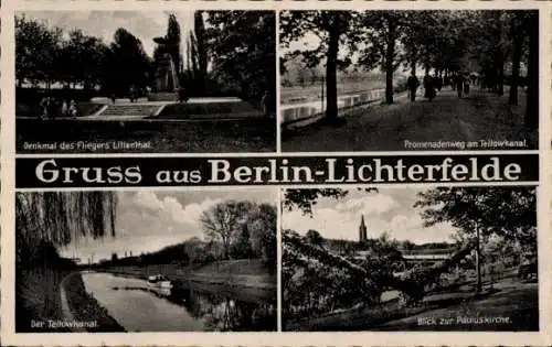 Ak Berlin Steglitz Lichterfelde, Lilienthal Denkmal, Teltowkanal, Promenadenweg, Pauluskirche