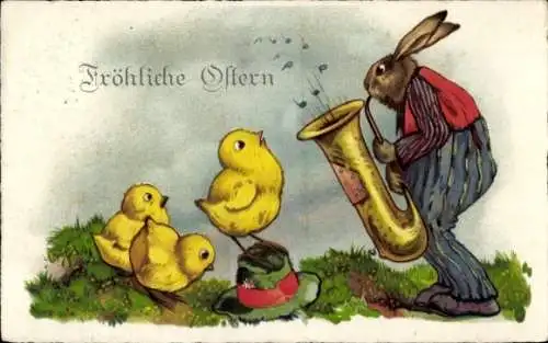 Ak Frohe Ostern, Osterhase mit Blasinstrument, Küken