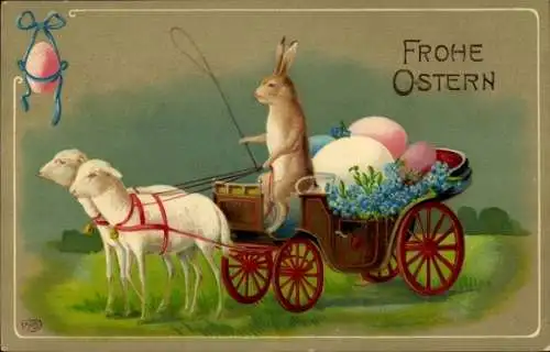 Ak Frohe Ostern, Osterhase, Kutsche von Lämmern gezogen, Ostereier