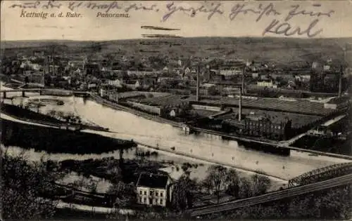 Ak Kettwig Essen im Ruhrgebiet, Panorama, Eisenbahnbrücke, Fabrikgebäude