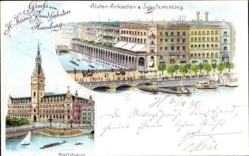 Litho Hamburg, Alsterarkaden, Jungfernstieg, Rathaus