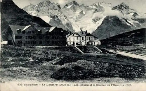 Ak Col du Lautaret Hautes Alpes, Les Hotels et le Glacier de l'Homme