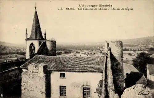 Ak Mezel, Les Tourelles du Chateau, Clocher de l'Eglise