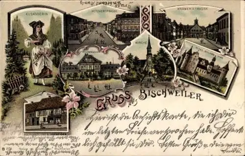 Litho Bischwiller Bischweiler Elsass Bas Rhin, Metzgerstraße, Kirche, Schloss, Elsässerin