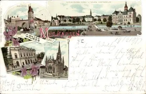 Litho Mulhausen Mühlhausen Elsass Bas Rhin, Rheinbrücke, Kanal, neues Postgebäude, Kirche, Theater