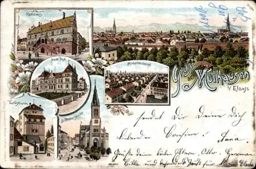 Litho Mulhausen Mühlhausen Elsass Bas Rhin, Rathaus, Ort, Arbeiterviertel, Post, Kirche
