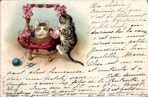 Litho Zwei junge Katzen, Korb, Wollknäuel