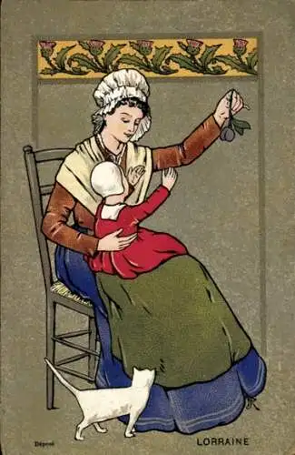 Ak Frau mit Kind, Blume, Weiße Katze