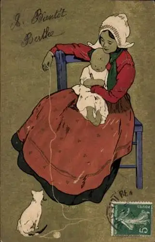 Litho Frau mit Baby, Weiße Katze, Wollknäuel