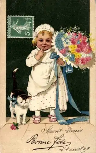 Ak Glückwunsch, Gratulantin, Blumenstrauß, Katze