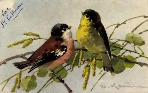 Künstler Ak Klein, Catharina, Zwei Vögen auf einem Birkenast
