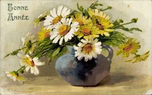 Künstler Ak Klein, Catharina, gelbe und weiße Margeriten in einer Vase, Fröhliches Neujahr