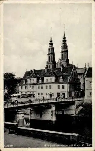 Ak Opole Oppeln Schlesien, Mühlgrabenbrücke, katholische Kirche
