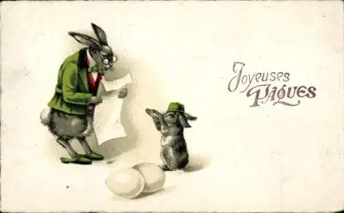 Ak Glückwunsch Ostern, Osterhase liest einen Brief vor, Eier
