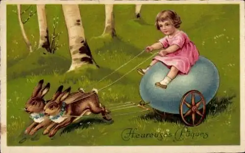 Ak Glückwunsch Ostern, Hasen, Mädchen, Osterei, Karren, Birken