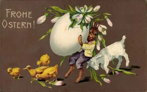 Präge Ak Glückwunsch Ostern, Hase, Blumen im Ei, Lamm, Küken