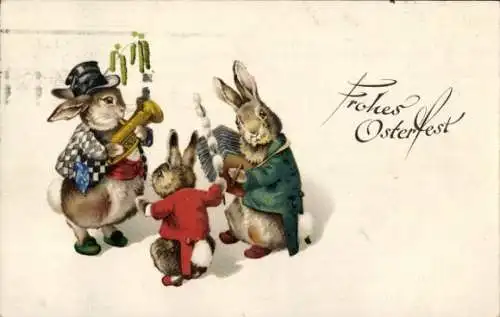 Ak Glückwunsch Ostern, Musizierende Hasen, Weidenkätzchen