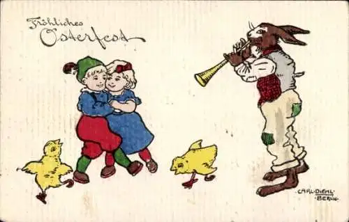 Künstler Ak Diehl, C., Glückwunsch Ostern, Tanzende Kinder, Musizierender Hase, Küken