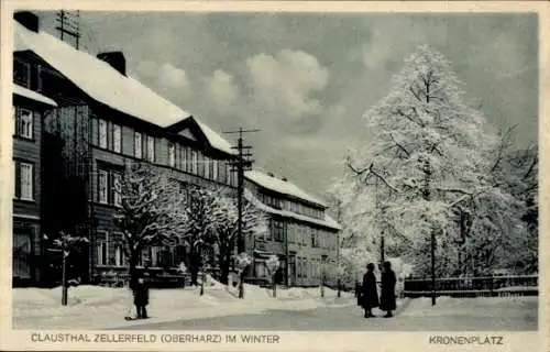 Ak Clausthal Zellerfeld im Oberharz, Kronenplatz im Winter