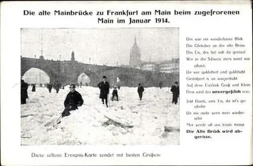 Ak Frankfurt am Main, Alte Mainbrücke beim zugefrorenen Main Januar 1914
