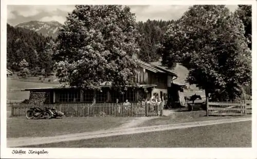 Ak Fischbachau Leitzach Oberbayern, Café Krugalm, Motorrad, Pferd, Berge