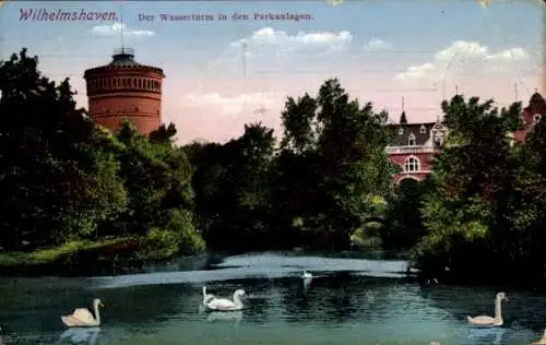 Ak Wilhelmshaven, Wasserturm in den Parkanlagen, Schwäne