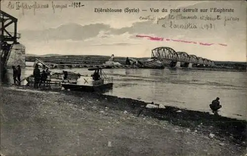 Ak Djerablouse Syrien, Blick auf die zerstörte Brücke am Euphrat
