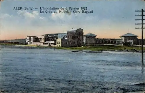 Ak Aleppo Syrien, Überschwemmung 6. Februar 1922, Kouek-Überschwemmung, Bahnhof Bagdad