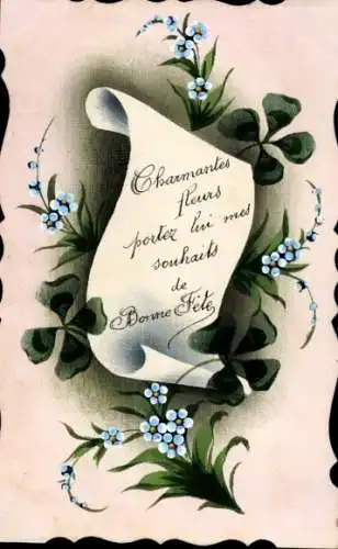 Handgemalt Ak Glückwunsch Geburtstag, Kleeblätter, Vergissmeinnichtblüten