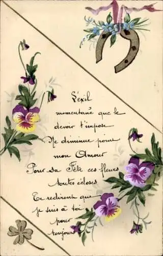 Handgemalt Ak Glückwunsch Geburtstag, Hufeisen, Blumen, Stiefmütterchen