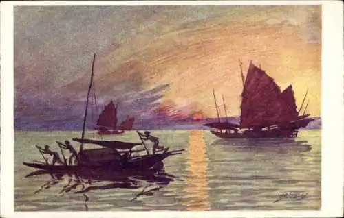 Künstler Ak Tonkin Vietnam, Sonnenuntergang, Segelboot