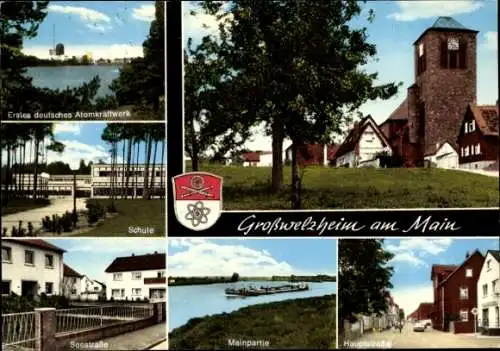 Ak Großwelzheim Karlstein am Main Unterfranken, Atomkraftwerk, Schule, Hauptstraße, Wappen, Seestr.