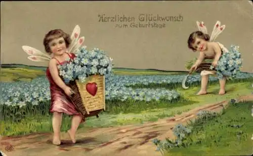 Ak Glückwunsch Geburtstag, Engel sammeln Blumenernte