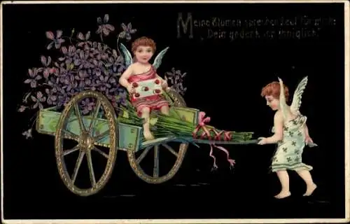 Ak Engel, Schubkarre, Veilchen, Kitsch