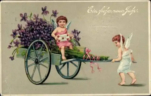 Ak Glückwunsch Neujahr, Engel, Schubkarre, Veilchen, Kitsch
