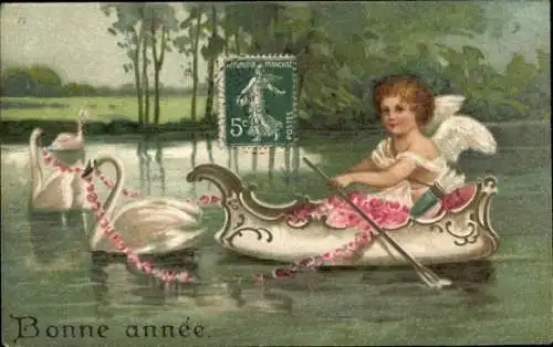 Präge Ak Glückwunsch Neujahr, Engel im Ruderboot, Schwäne