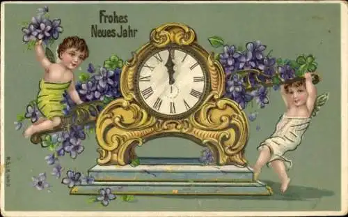 Präge Ak Glückwunsch Neujahr, Engel, Uhr, Blumen