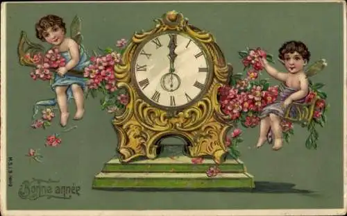 Präge Ak Glückwunsch Neujahr, Engel, Uhr, Blumen