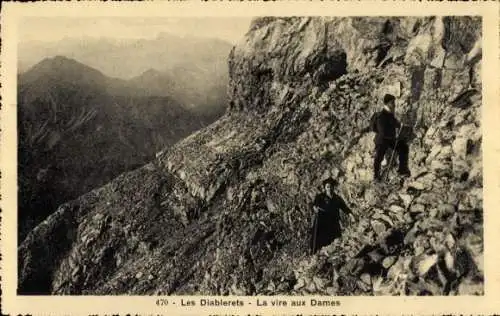 Ak Les Diablerets, La vire aux Dames, Bergsteiger an der Steilwand