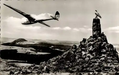 Ak Wasserkuppe Rhön, Segelflugzeug Nürnberg am Fliegerdenkmal, D-13-245