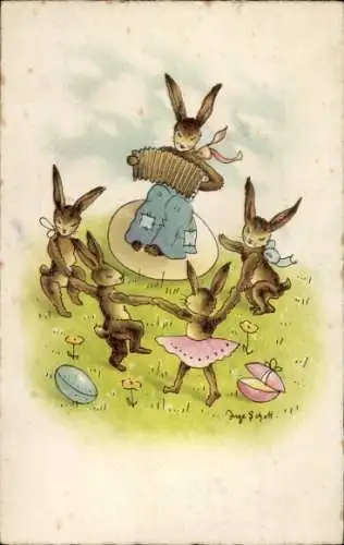 Künstler Ak Schott, Ostern, Tanzende Hasen, Harmonika